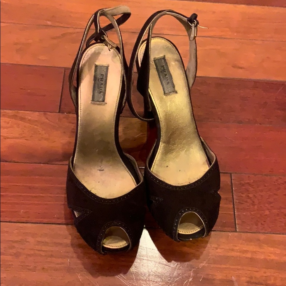 Vintage PRADA brown suede open toe heels
